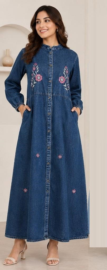 Amrah Wholesale Tlc Vol 65 Premium Denim Floral Embroidered Long Maxi One Piece