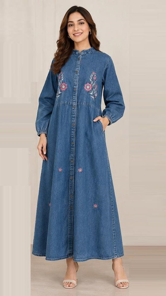 Amrah Wholesale Tlc Vol 65 Premium Denim Floral Embroidered Long Maxi One Piece