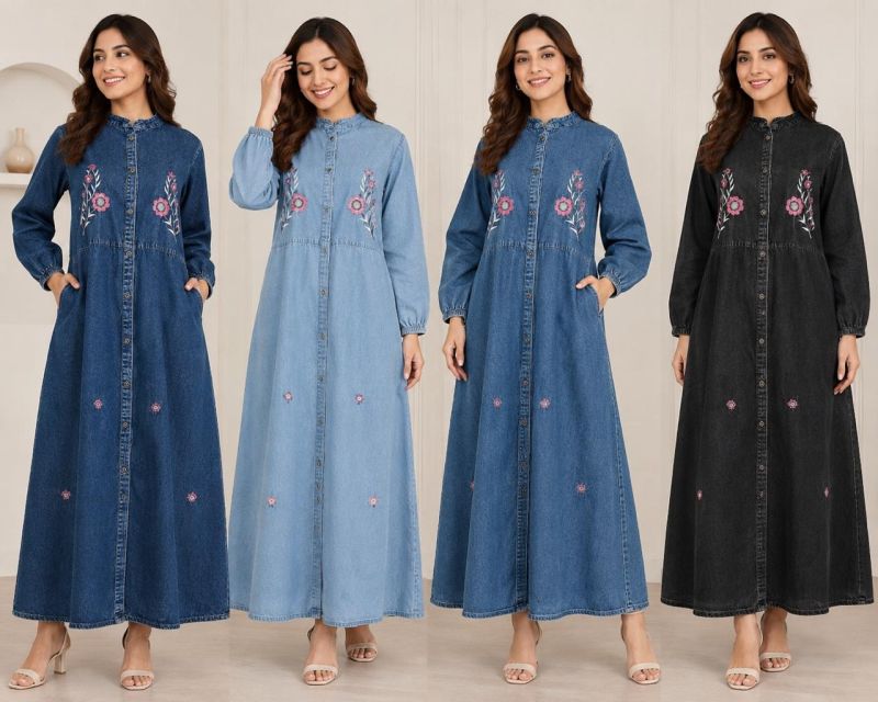 Amrah Wholesale Tlc Vol 65 Premium Denim Floral Embroidered Long Maxi One Piece