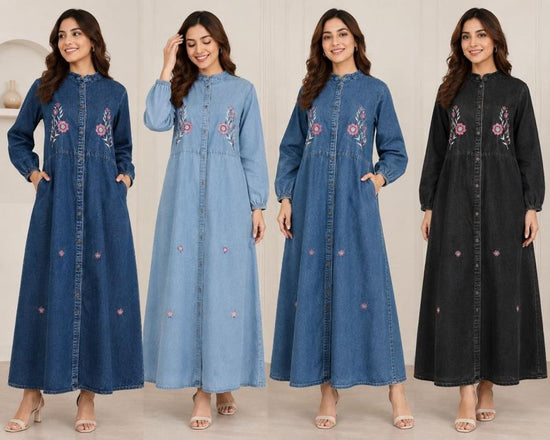 Amrah Wholesale Tlc Vol 65 Premium Denim Floral Embroidered Long Maxi One Piece