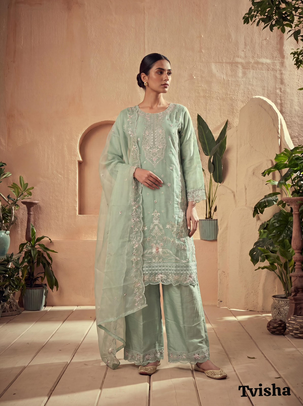 Tvisha Vol 2 Organza Silk Embroidered Kurti Pant Dupatta Set