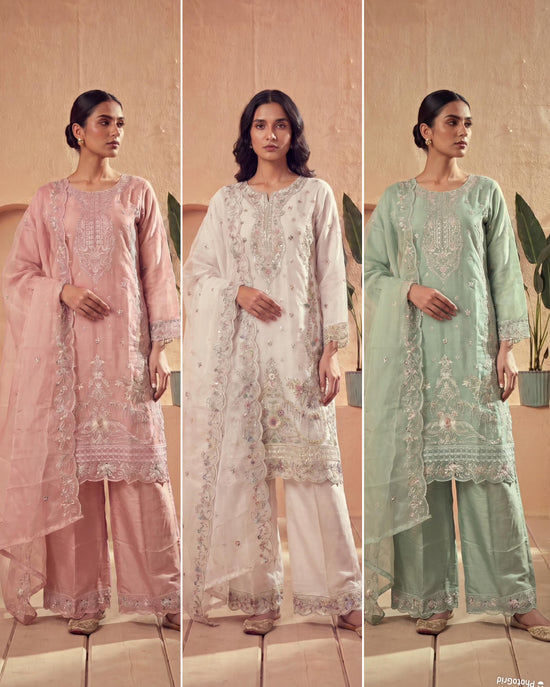 Tvisha Vol 2 Organza Silk Embroidered Kurti Pant Dupatta Set