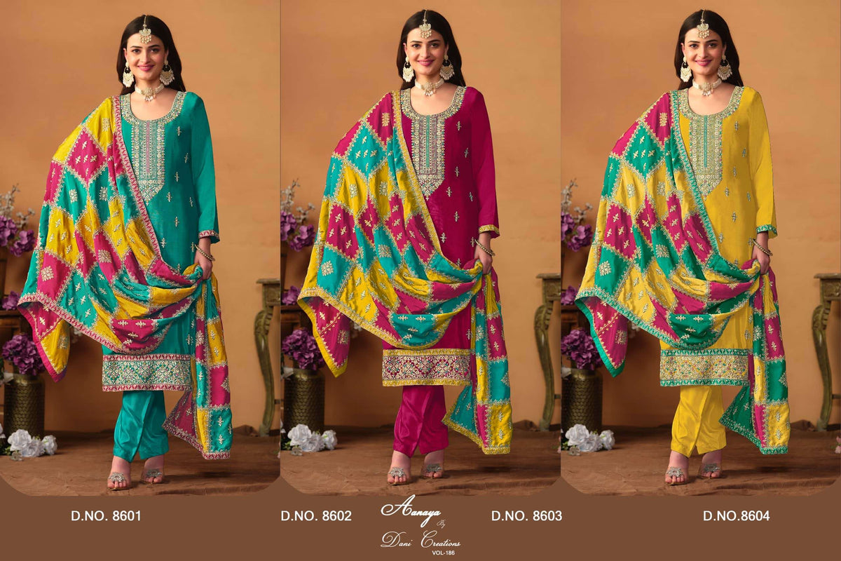 Twisha Aanaya Vol-186 Chinon Silk Embroidered Semi Stitched Dress Material Wholesale