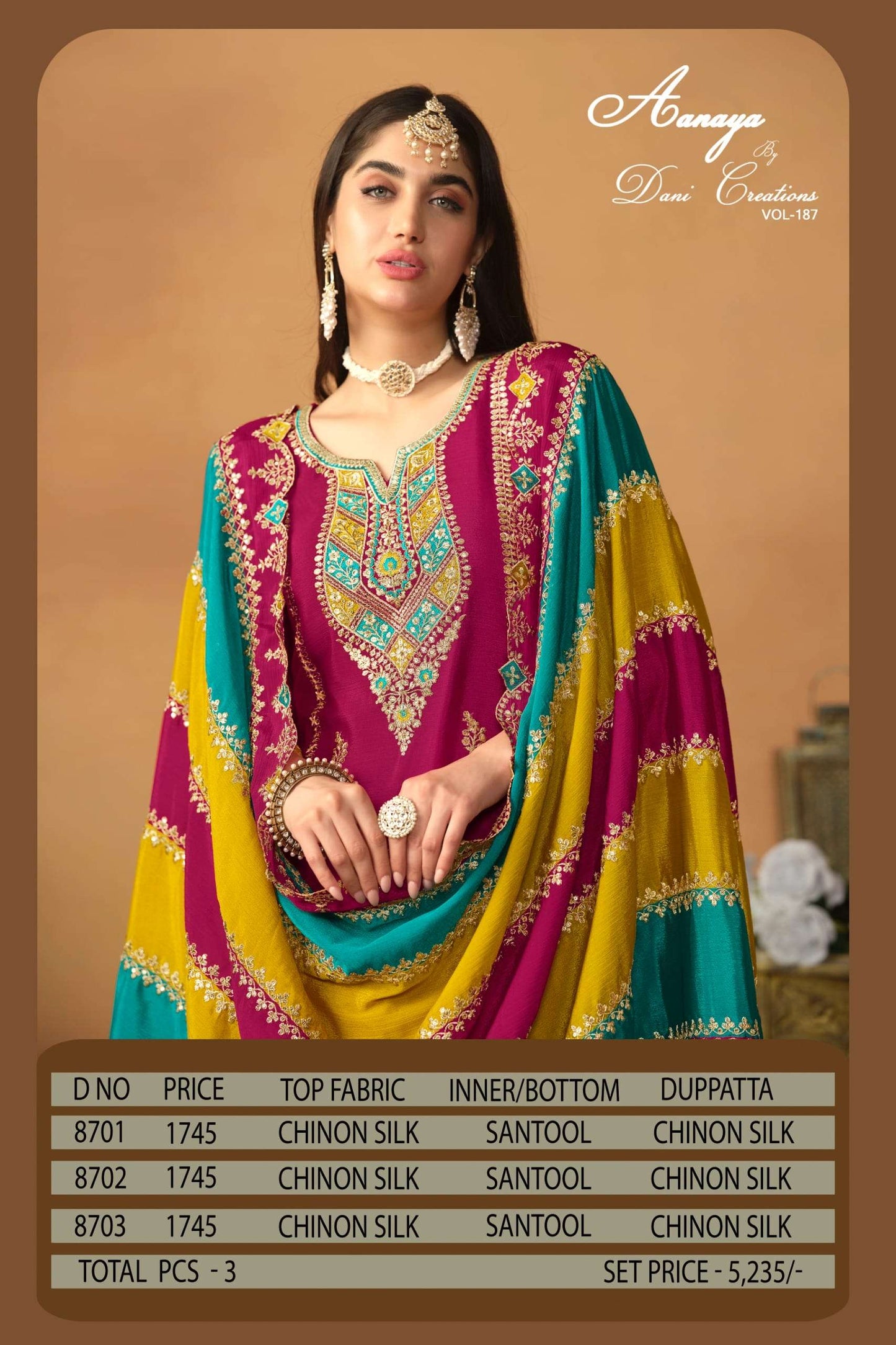 Twisha Aanaya Vol-187 Pure Chinon Silk Embroidered Pakistani Suit
