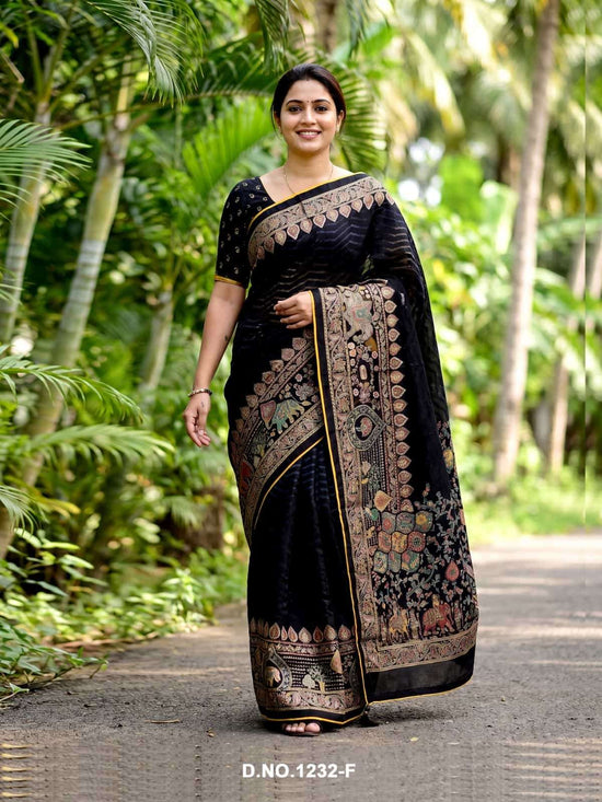 Vallabhi Black Royale Brasso Abstract Print Saree - Amrah Wholesale