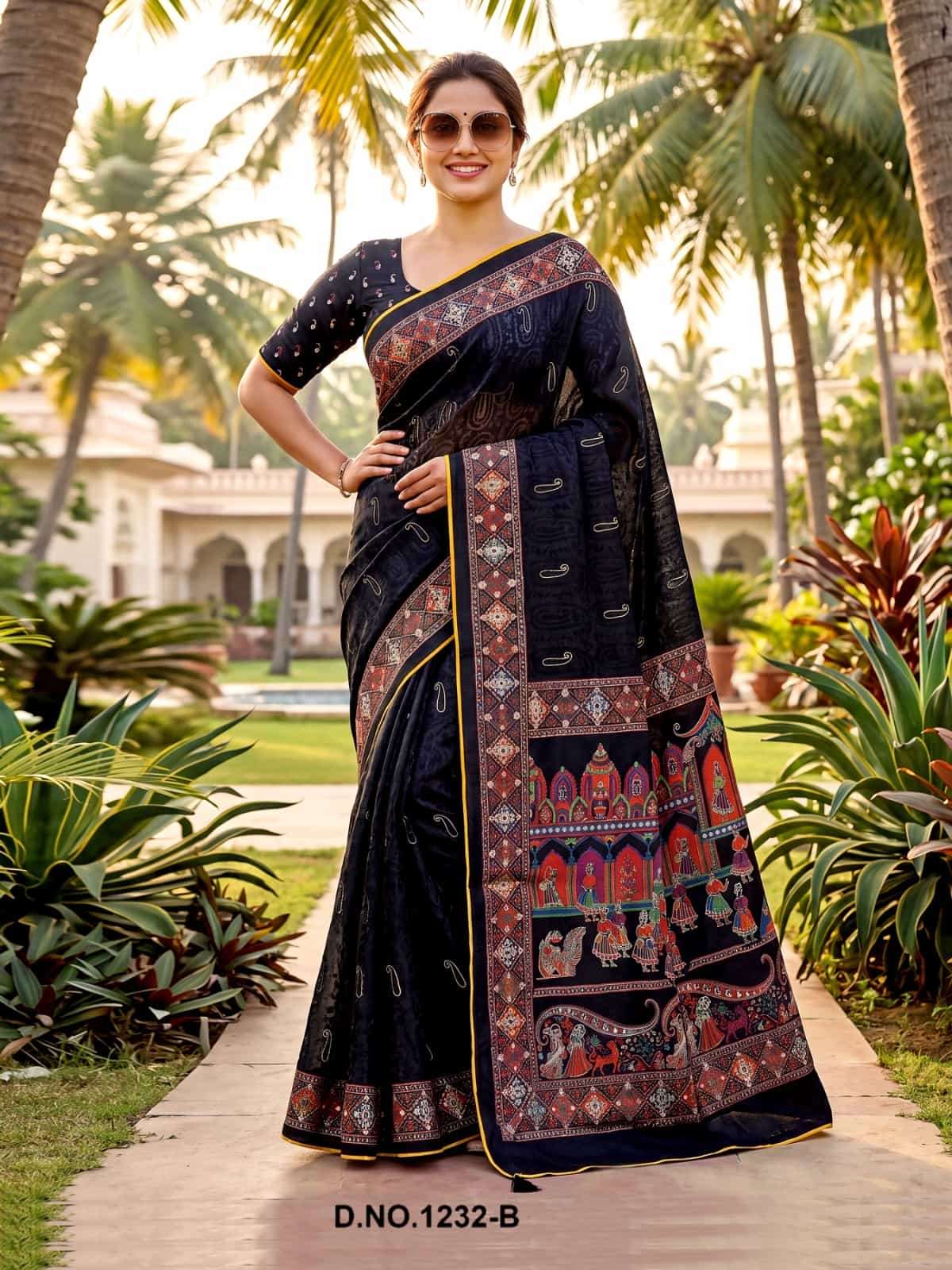 Vallabhi Black Royale Brasso Abstract Print Saree - Amrah Wholesale