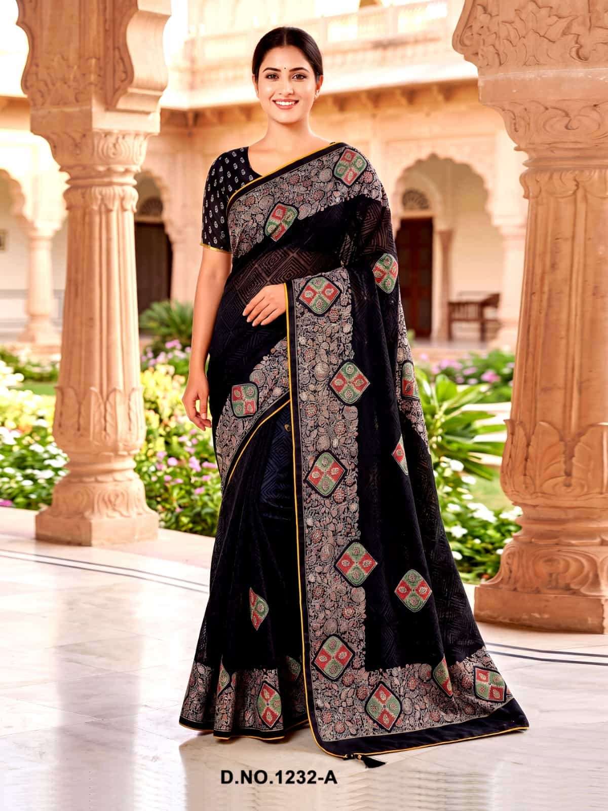Vallabhi Black Royale Brasso Abstract Print Saree - Amrah Wholesale