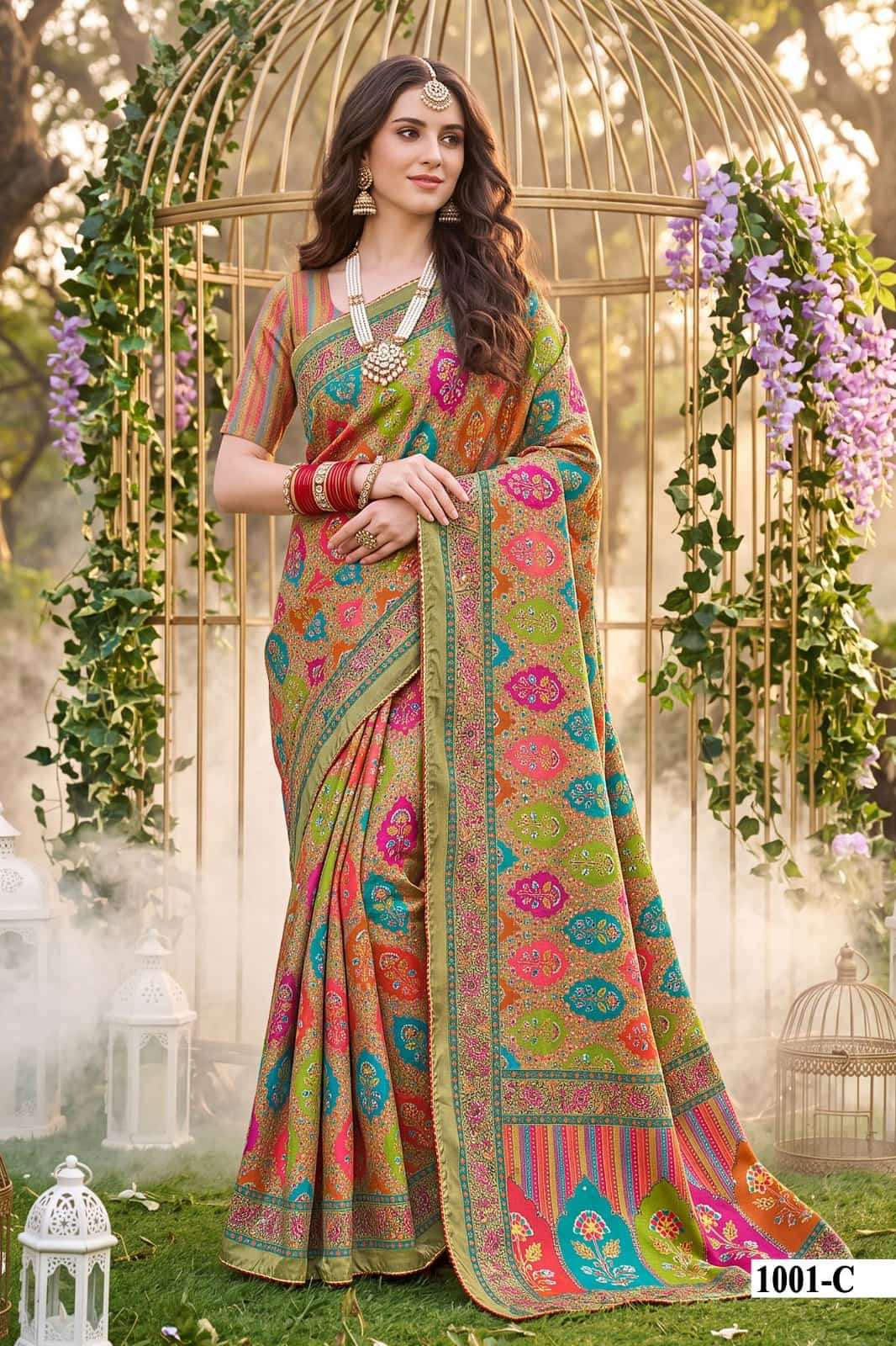 Vallabhi Prints Kumkum Satin Ethnic Print Saree