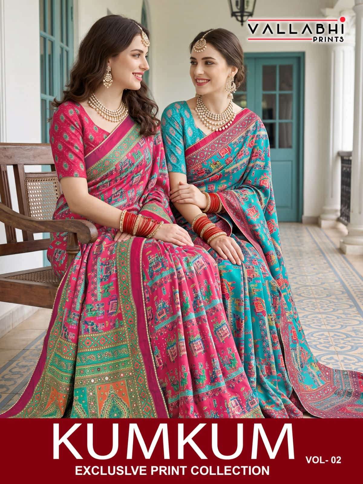 Vallabhi Prints Kumkum Vol 2 Satin Ethnic Print Saree