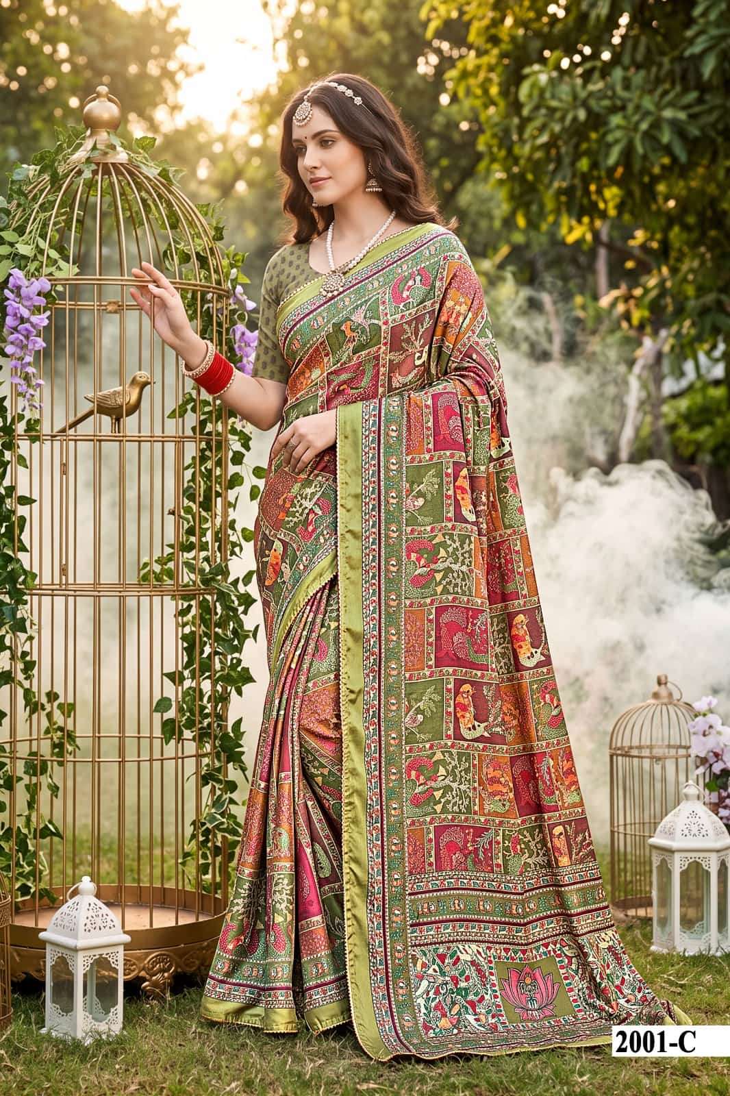 Vallabhi Prints Kumkum Vol 4 Satin Ethnic Print Saree