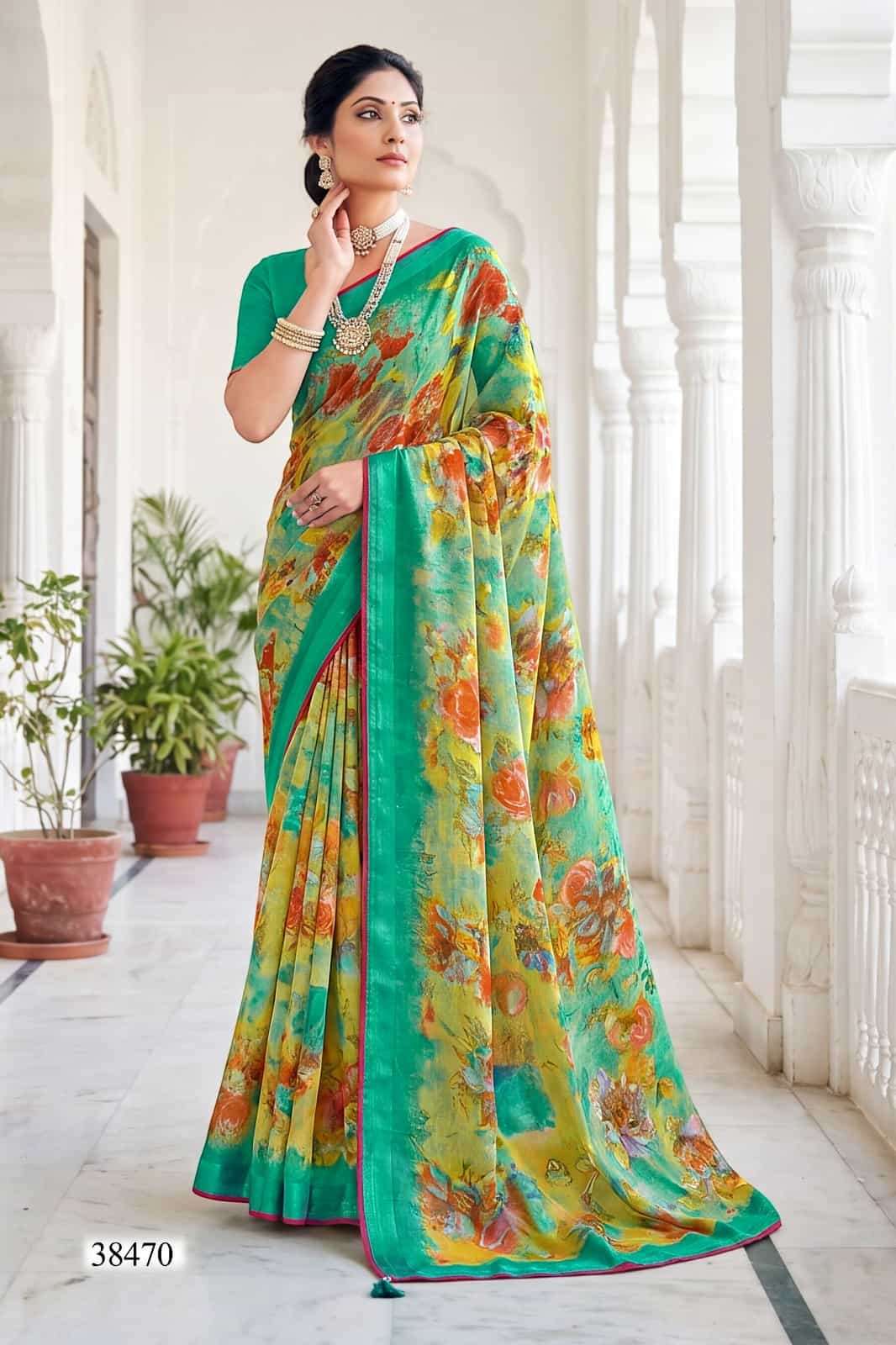 Vallabhi Prints Mahisuta Floral Print Moss Saree - Amrah Wholesale
