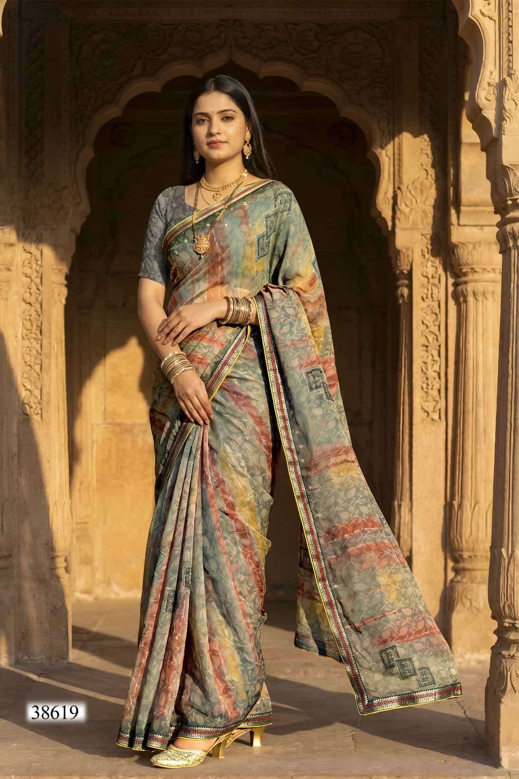 Vallabhi Prints Vardani Vol 11 Georgette Leaf Printed Saree - Amrah Wholesale