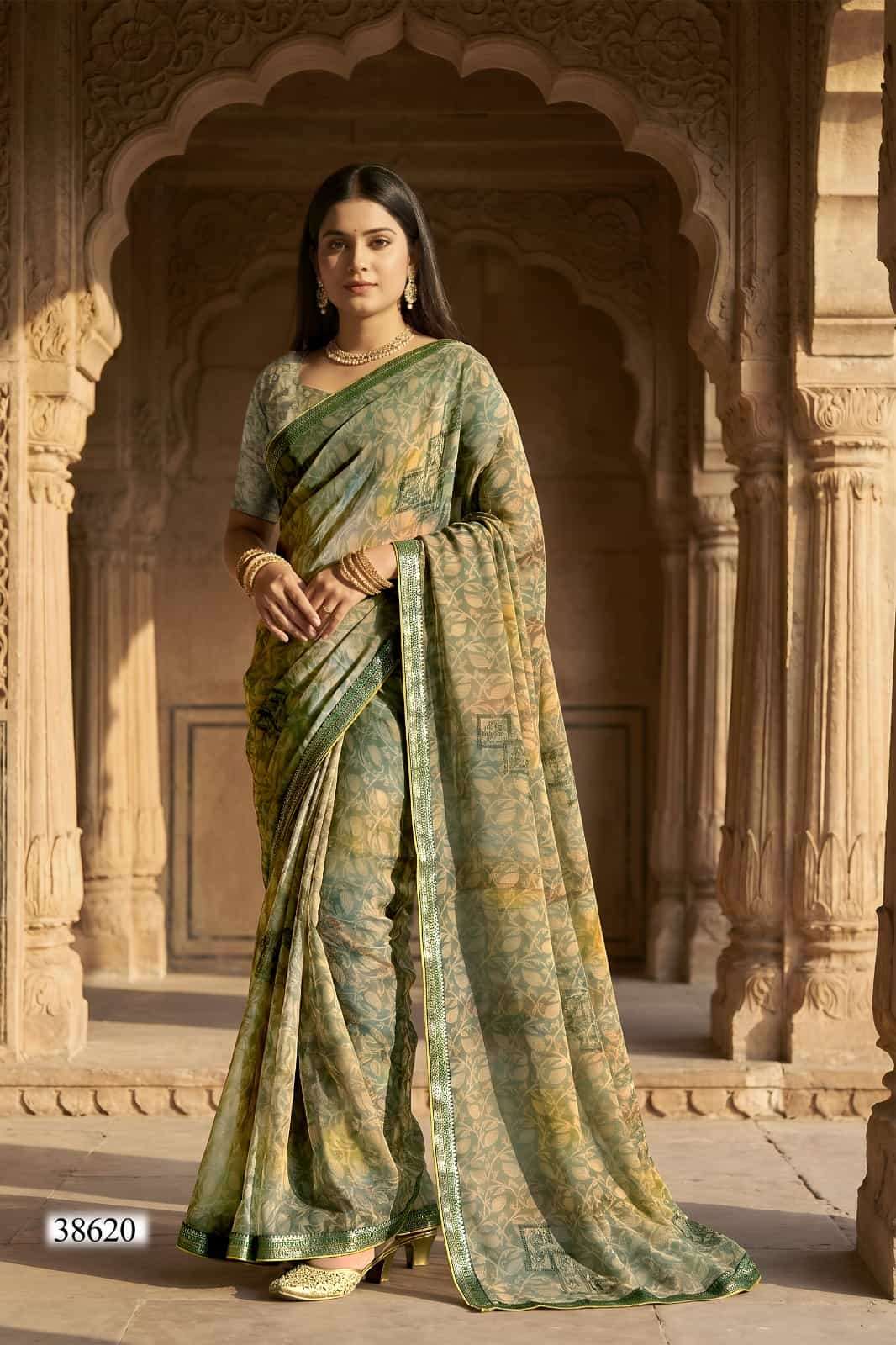 Vallabhi Prints Vardani Vol 11 Georgette Leaf Printed Saree - Amrah Wholesale