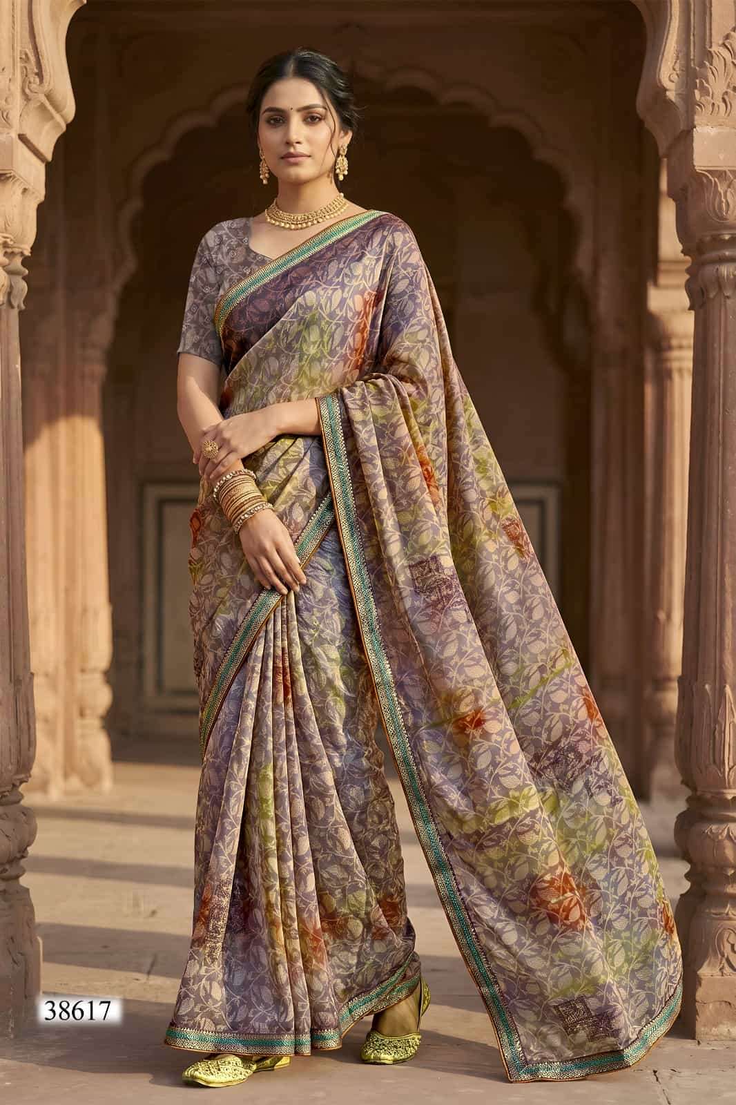 Vallabhi Prints Vardani Vol 11 Georgette Leaf Printed Saree - Amrah Wholesale