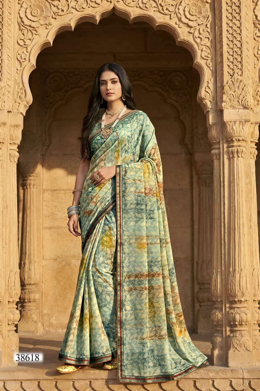 Vallabhi Prints Vardani Vol 11 Georgette Leaf Printed Saree - Amrah Wholesale