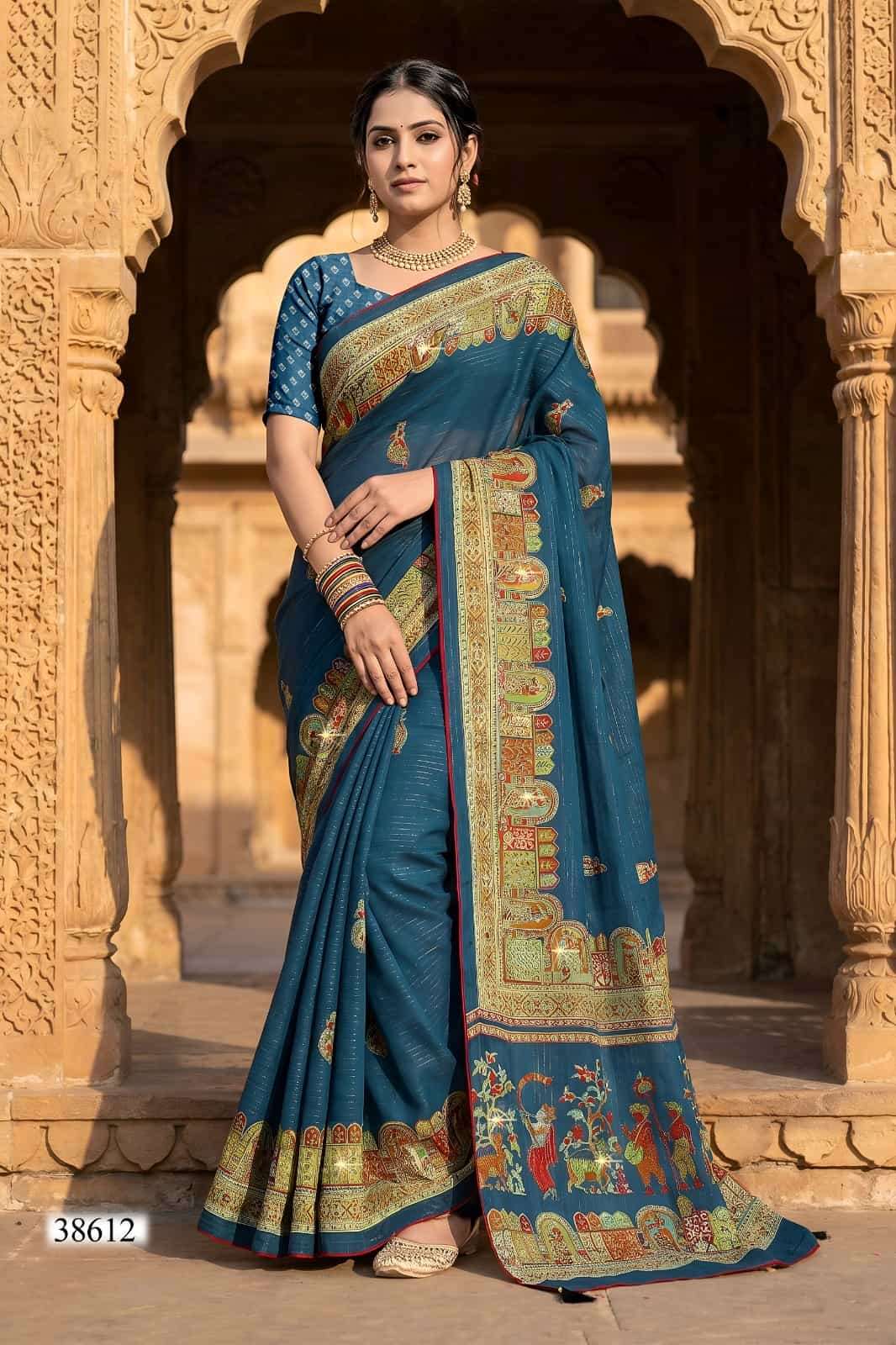 Vallabhi Vaamika Moss Zari Lining Ethnic Print Saree - Amrah Wholesale
