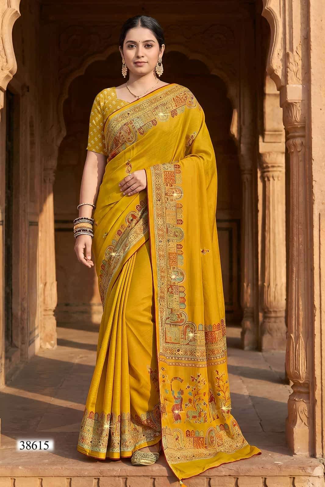 Vallabhi Vaamika Moss Zari Lining Ethnic Print Saree - Amrah Wholesale