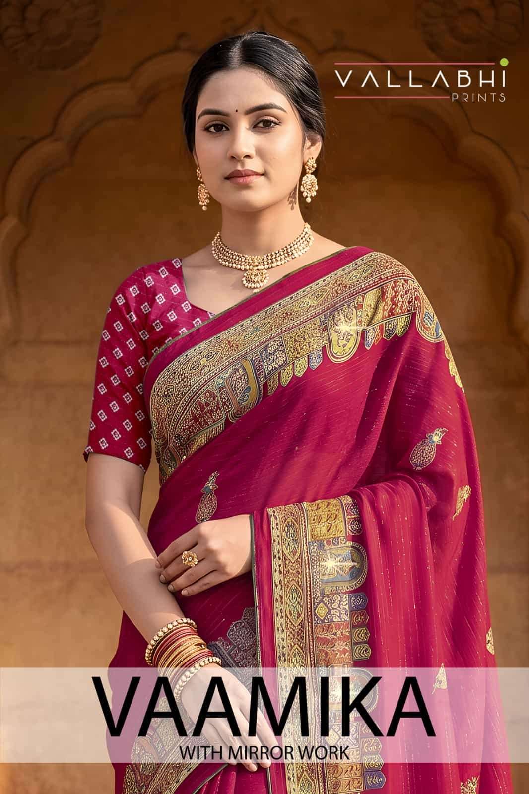Vallabhi Vaamika Moss Zari Lining Ethnic Print Saree - Amrah Wholesale