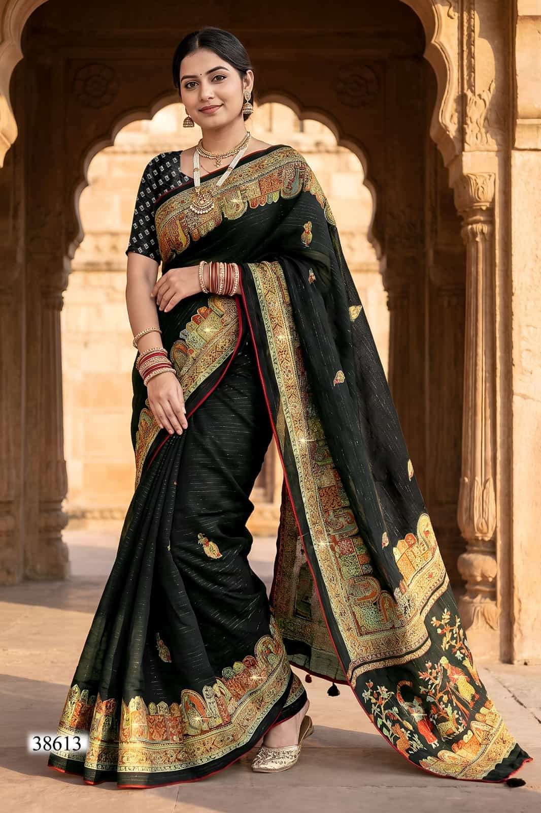 Vallabhi Vaamika Moss Zari Lining Ethnic Print Saree - Amrah Wholesale
