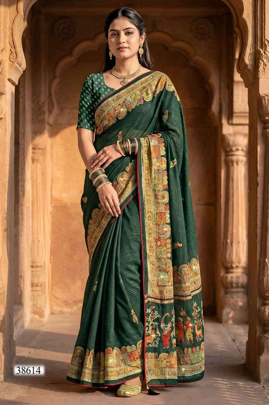 Vallabhi Vaamika Moss Zari Lining Ethnic Print Saree - Amrah Wholesale