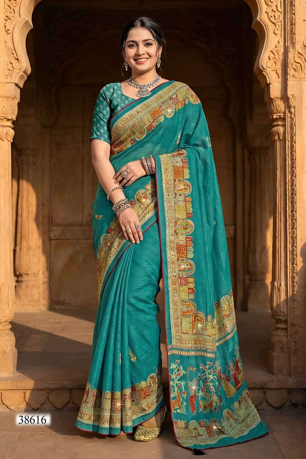 Vallabhi Vaamika Moss Zari Lining Ethnic Print Saree - Amrah Wholesale