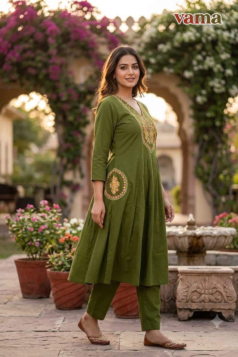 Vama Vol 3 Dhabu Cotton Embroidered Kurti Pant Set