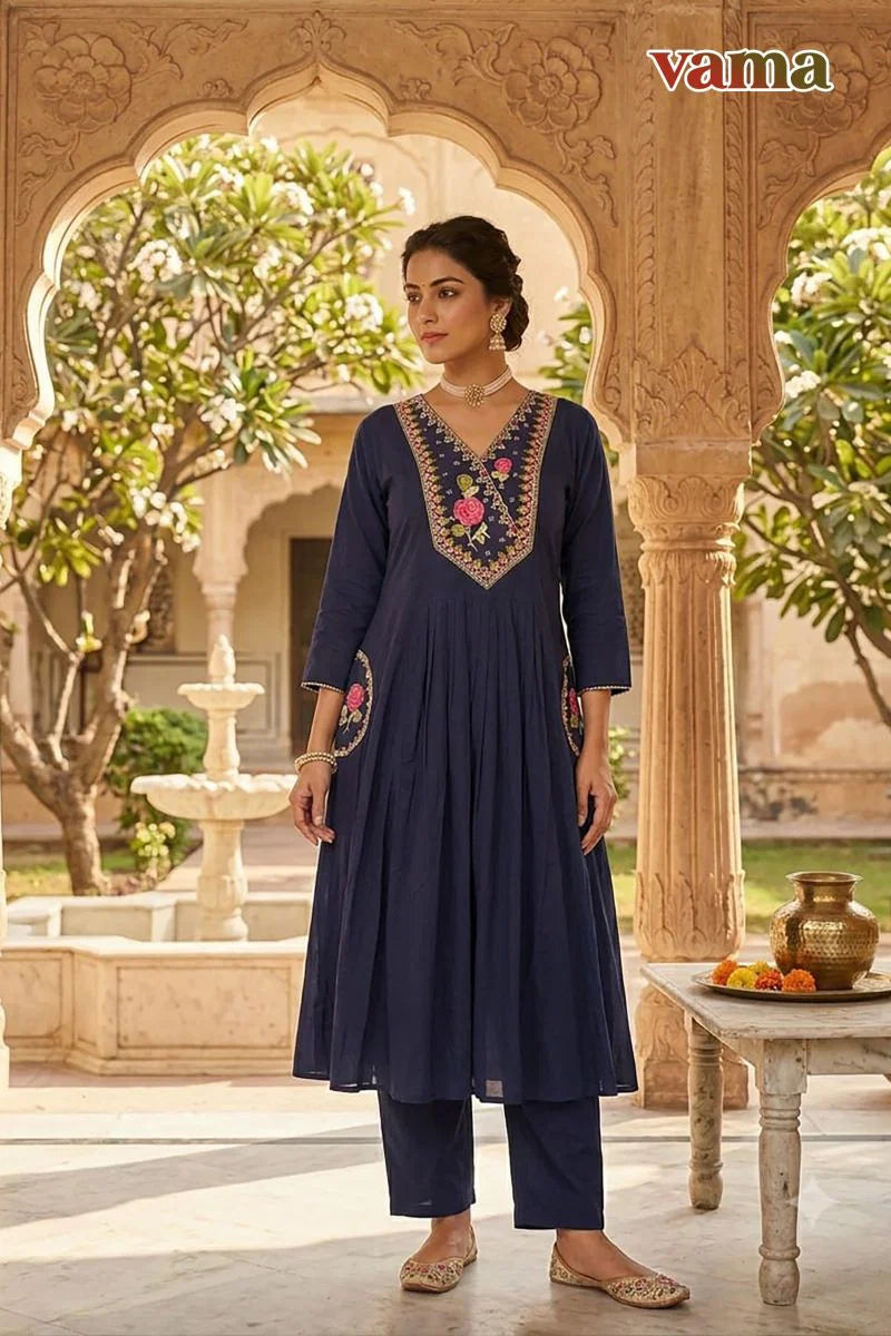 Vama Vol 3 Dhabu Cotton Embroidered Kurti Pant Set