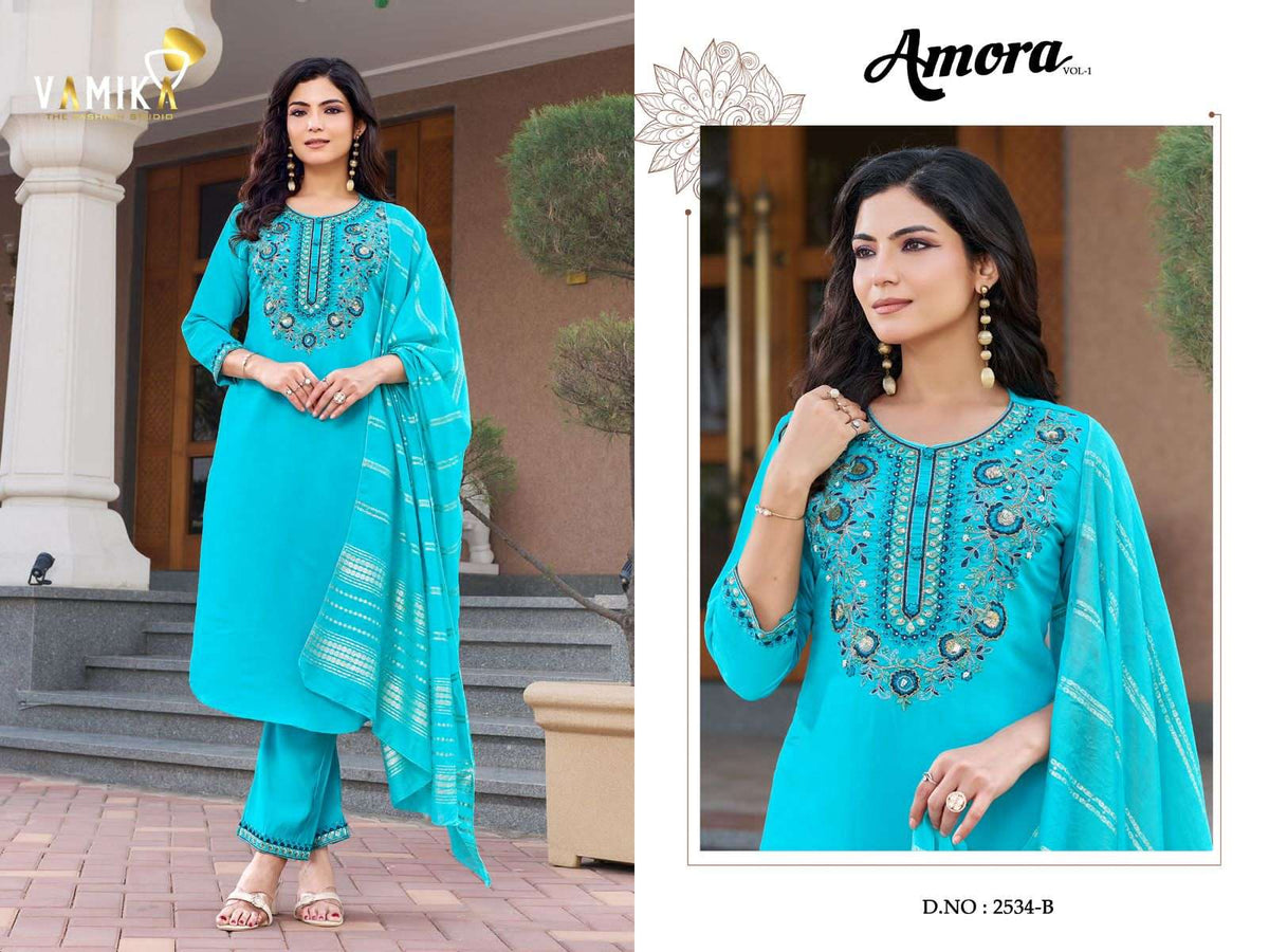 Vamika Fashion Amora Viscose Roman Kurti Pant Dupatta Set - Amrah Wholesale