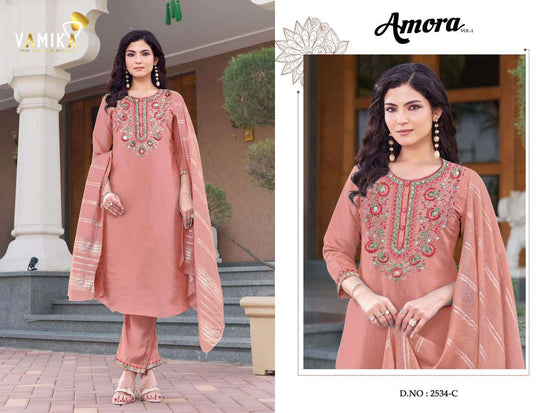 Vamika Fashion Amora Viscose Roman Kurti Pant Dupatta Set - Amrah Wholesale