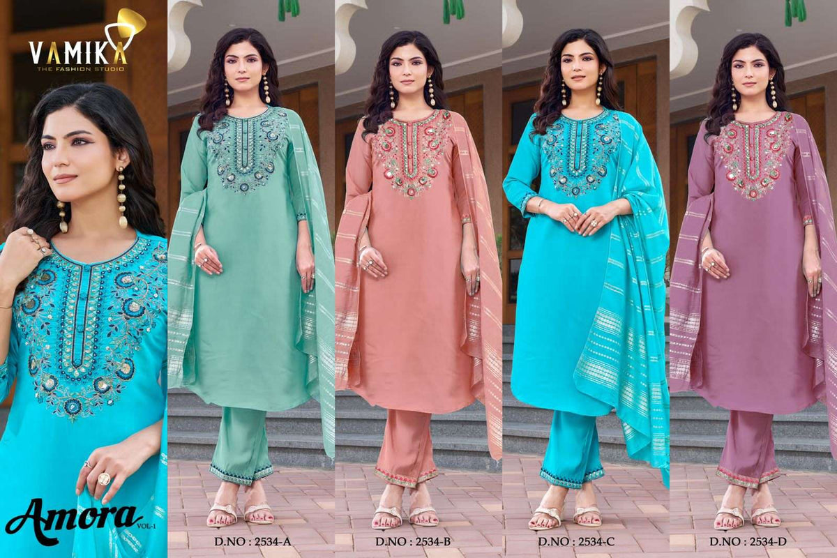 Vamika Fashion Amora Viscose Roman Kurti Pant Dupatta Set - Amrah Wholesale