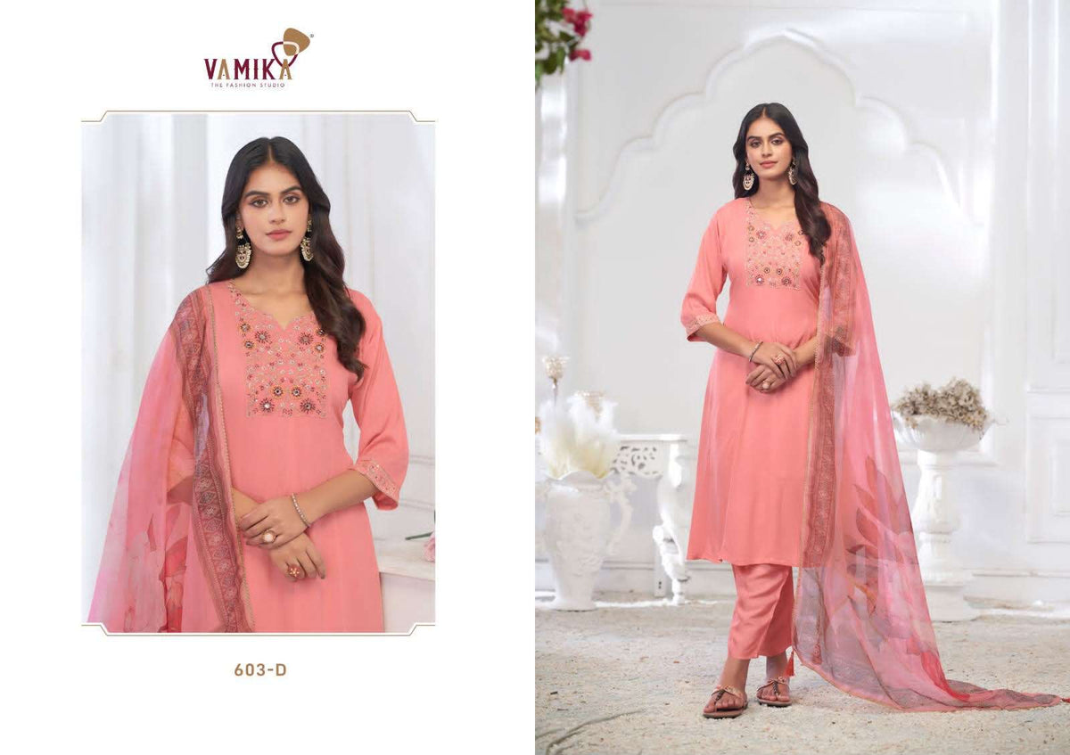 Vamika Fashion Inaayat Vol 1 Hand Embroidered Rayon Kurti Pant Dupatta Set - Amrah Wholesale