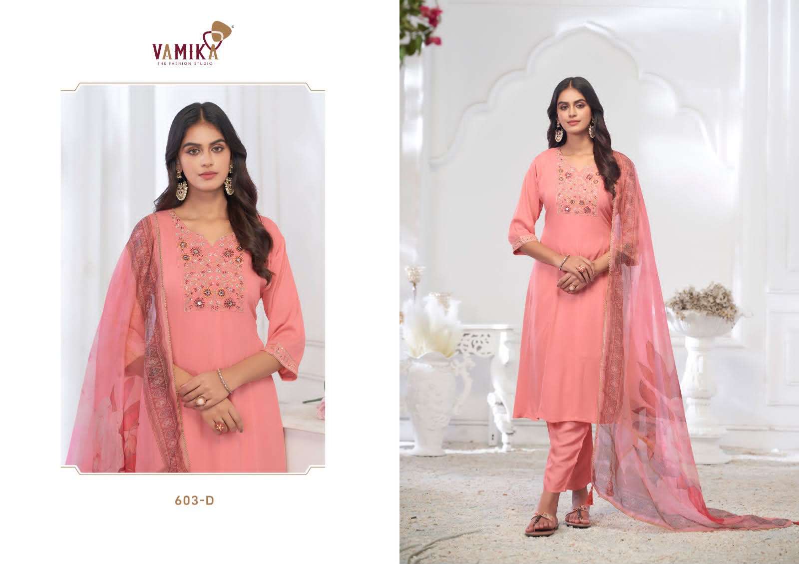 Vamika Fashion Inaayat Vol 1 Hand Embroidered Rayon Kurti Pant Dupatta Set - Amrah Wholesale