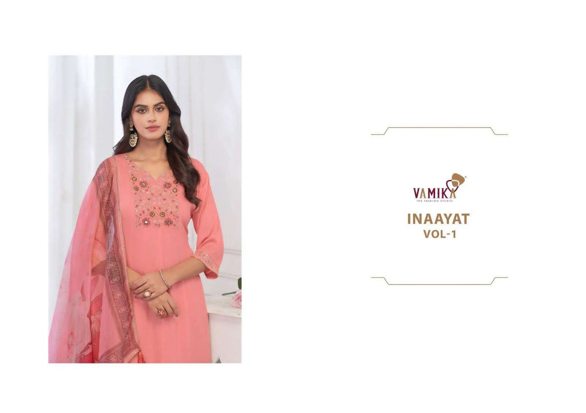Vamika Fashion Inaayat Vol 1 Hand Embroidered Rayon Kurti Pant Dupatta Set - Amrah Wholesale