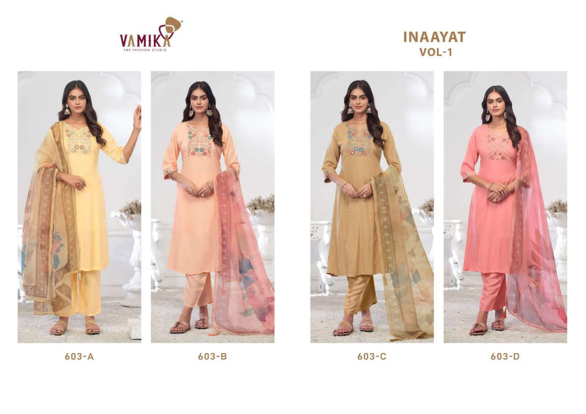 Vamika Fashion Inaayat Vol 1 Hand Embroidered Rayon Kurti Pant Dupatta Set - Amrah Wholesale
