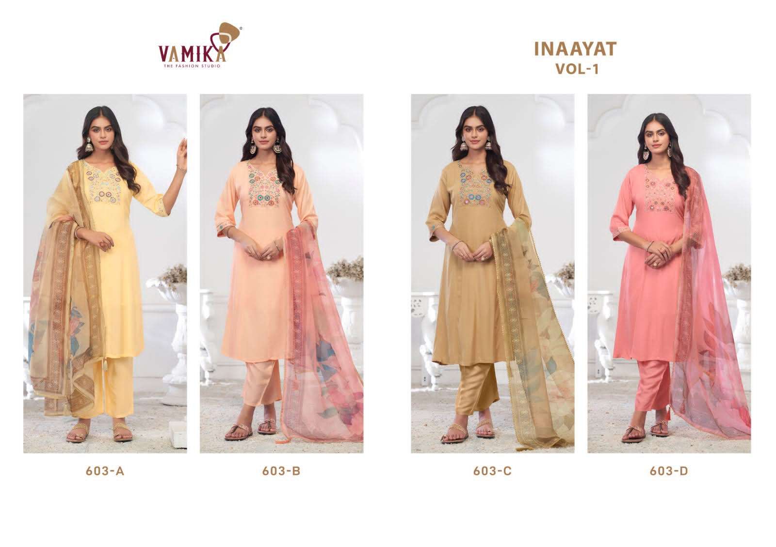 Vamika Fashion Inaayat Vol 1 Hand Embroidered Rayon Kurti Pant Dupatta Set - Amrah Wholesale