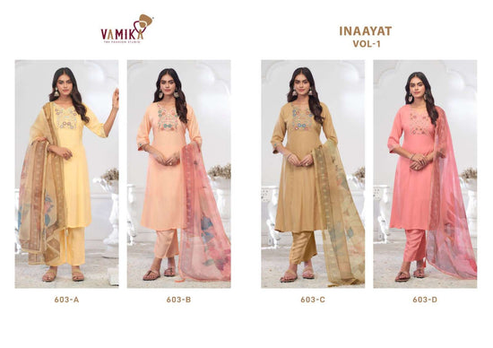 Vamika Fashion Inaayat Vol 1 Hand Embroidered Rayon Kurti Pant Dupatta Set - Amrah Wholesale