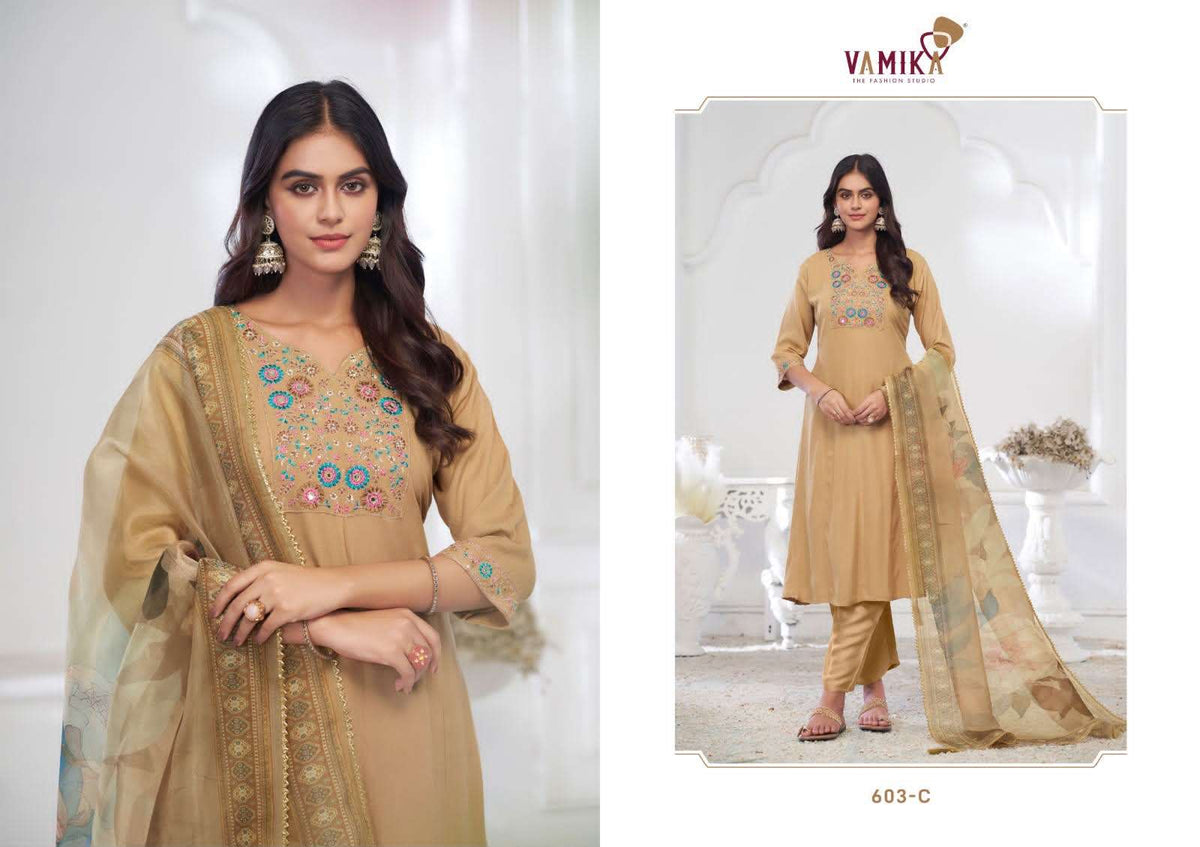 Vamika Fashion Inaayat Vol 1 Hand Embroidered Rayon Kurti Pant Dupatta Set - Amrah Wholesale