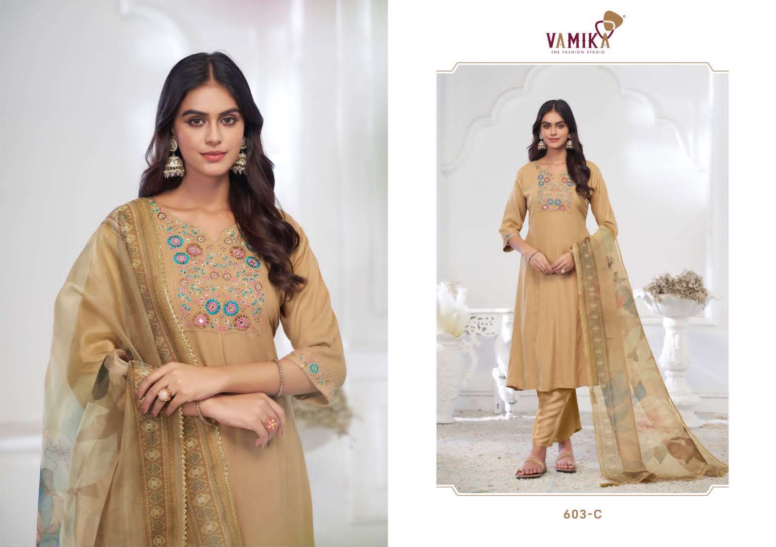 Vamika Fashion Inaayat Vol 1 Hand Embroidered Rayon Kurti Pant Dupatta Set - Amrah Wholesale