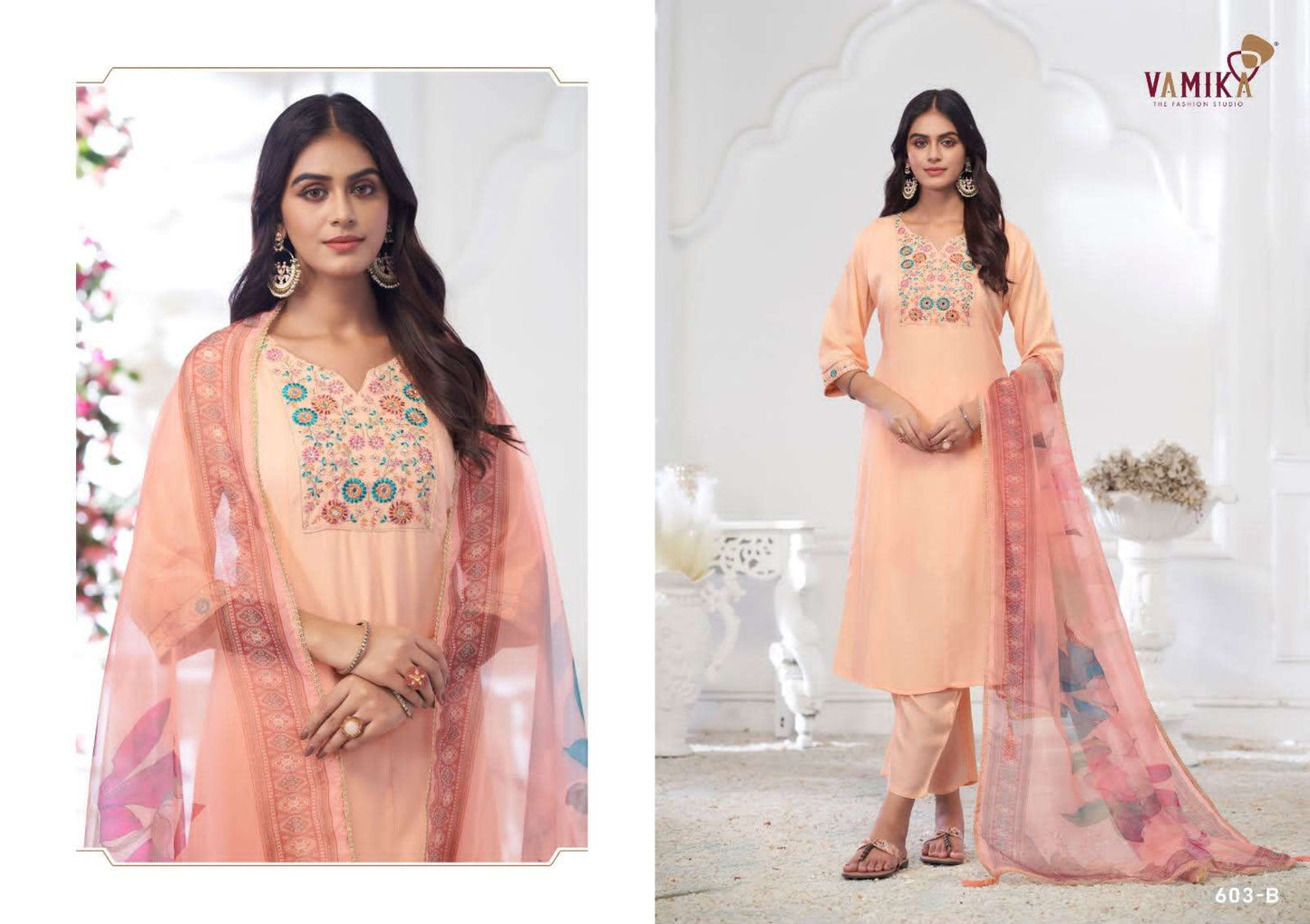 Vamika Fashion Inaayat Vol 1 Hand Embroidered Rayon Kurti Pant Dupatta Set - Amrah Wholesale