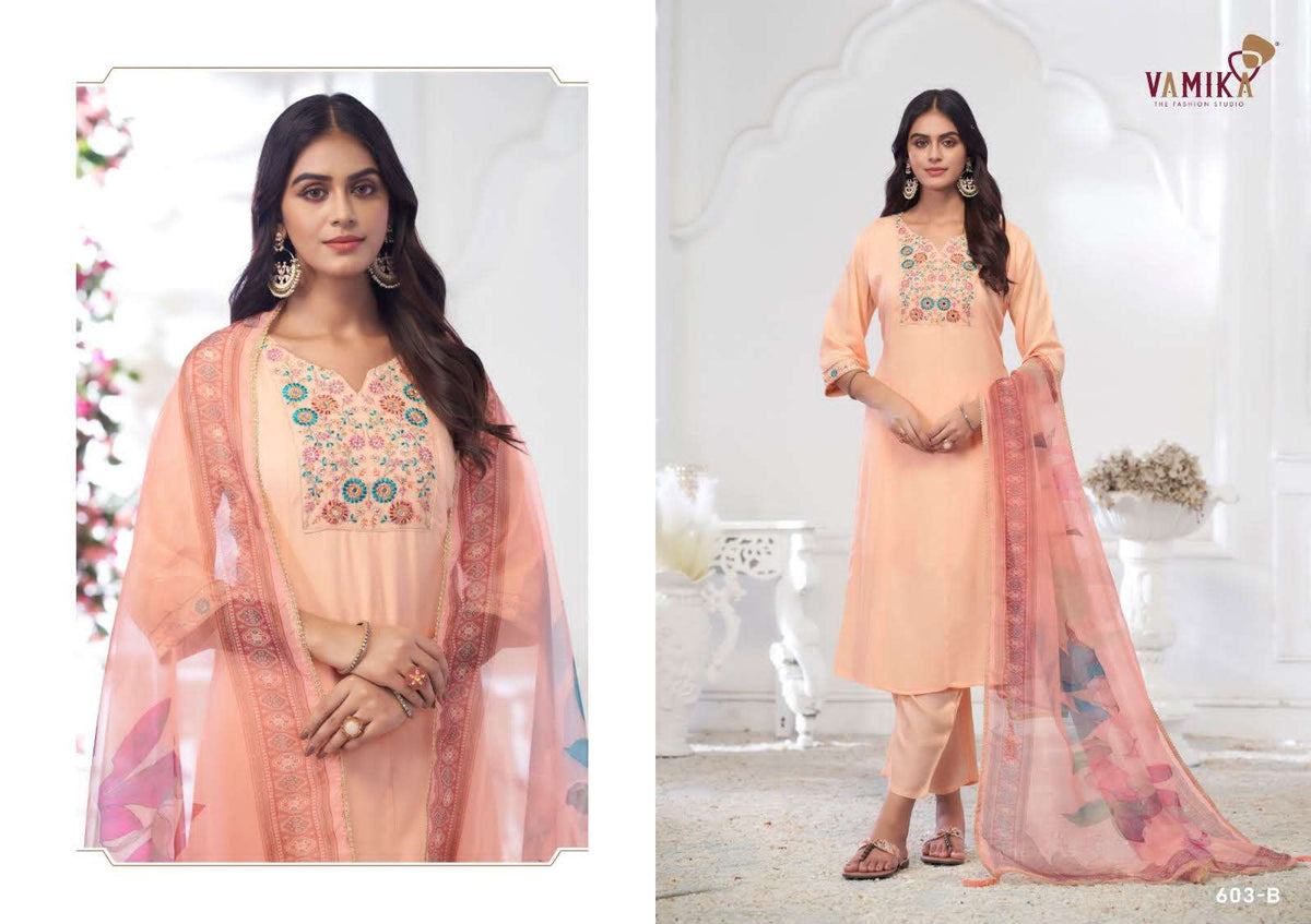 Vamika Fashion Inaayat Vol 1 Hand Embroidered Rayon Kurti Pant Dupatta Set - Amrah Wholesale