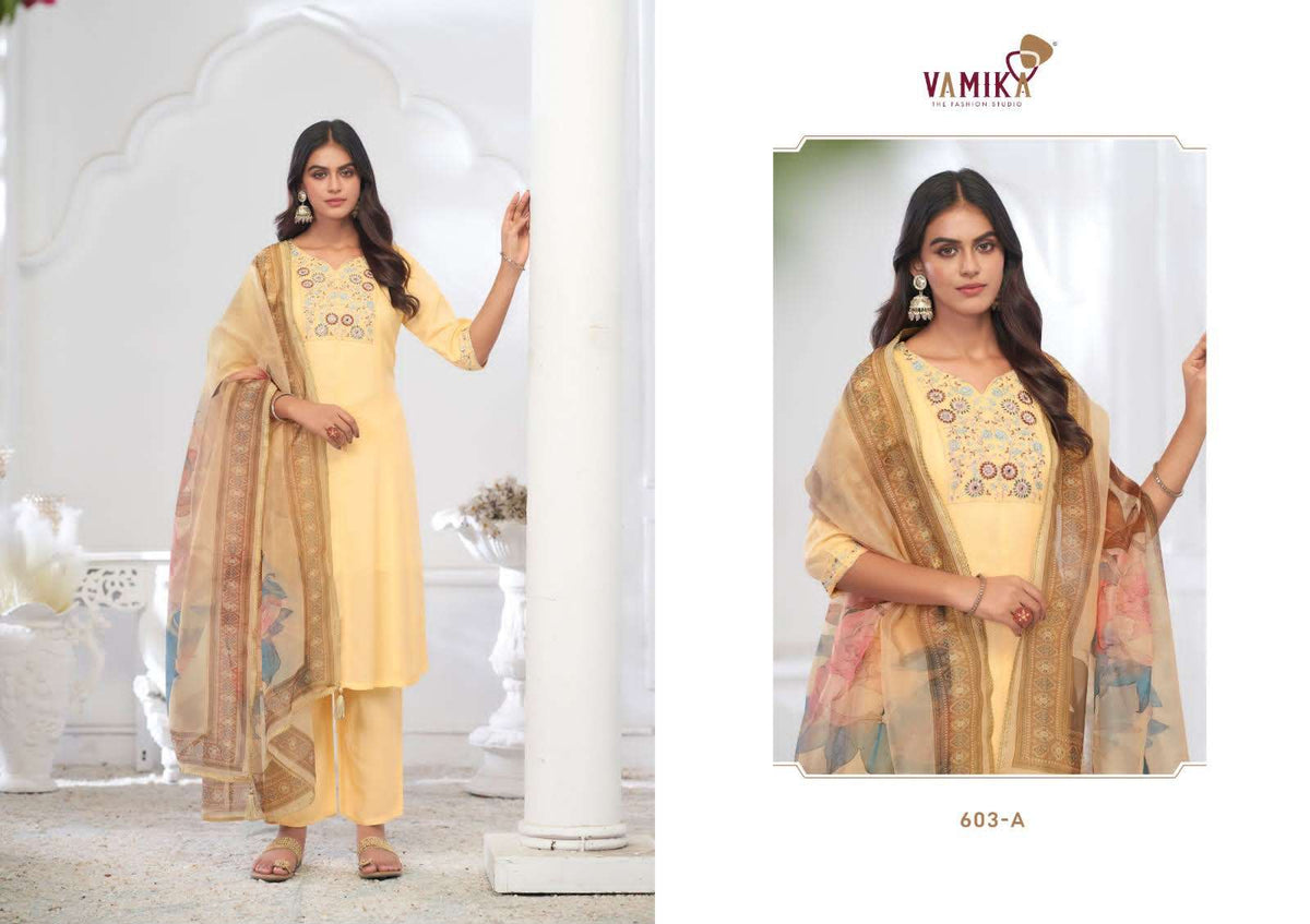 Vamika Fashion Inaayat Vol 1 Hand Embroidered Rayon Kurti Pant Dupatta Set - Amrah Wholesale