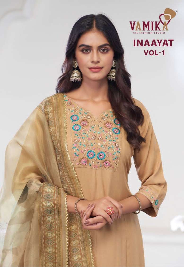 Vamika Fashion Inaayat Vol 1 Hand Embroidered Rayon Kurti Pant Dupatta Set - Amrah Wholesale