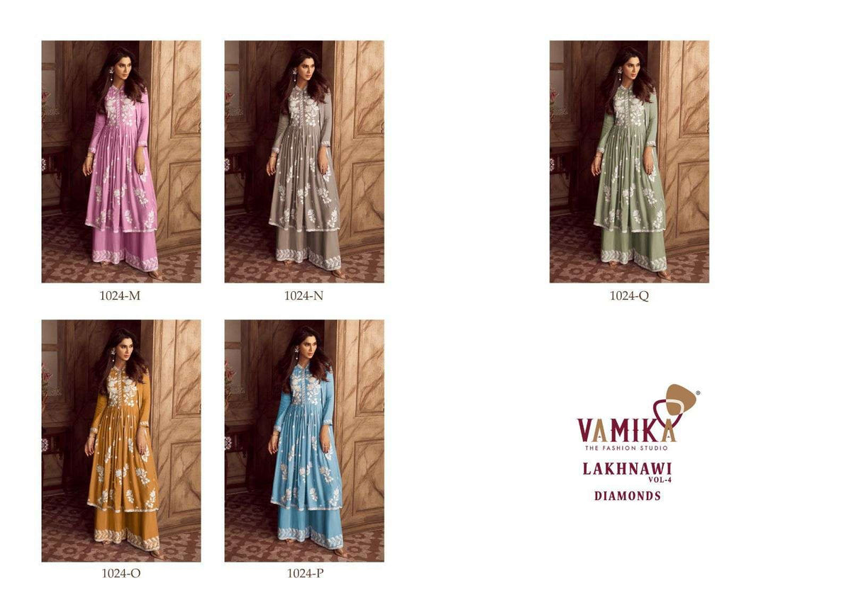 Vamika Fashion Lakhnawi Vol 4 Diamonds Heavy Rayon Palazzo Suit Set - Amrah Wholesale
