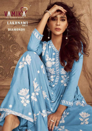 Vamika Fashion Lakhnawi Vol 4 Diamonds Heavy Rayon Palazzo Suit Set - Amrah Wholesale