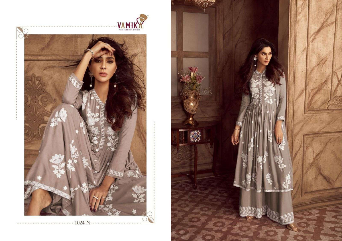 Vamika Fashion Lakhnawi Vol 4 Diamonds Heavy Rayon Palazzo Suit Set - Amrah Wholesale