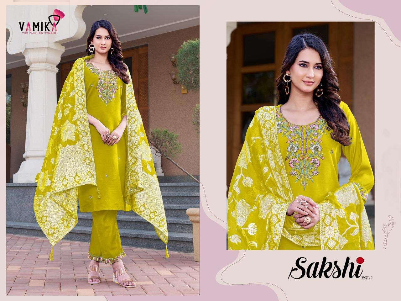 Vamika Fashion Sakshi Vol 1 Heavy Viscose Handwork Kurti Pant Dupatta Set