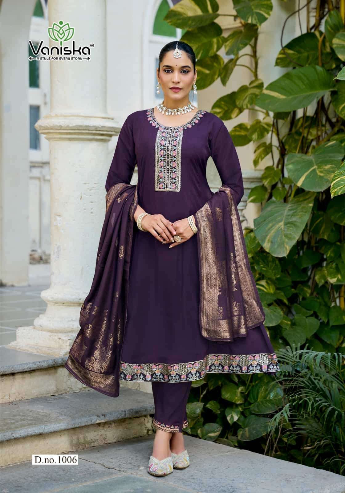 Vaniska Anarkali Vol 1 Mal Chanderi Kurti Pant Dupatta Set - Amrah Wholesale