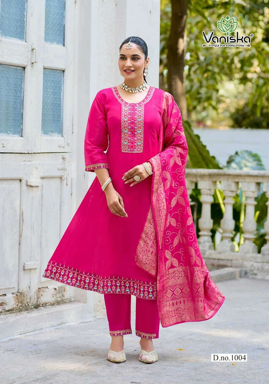 Vaniska Anarkali Vol 1 Mal Chanderi Kurti Pant Dupatta Set - Amrah Wholesale