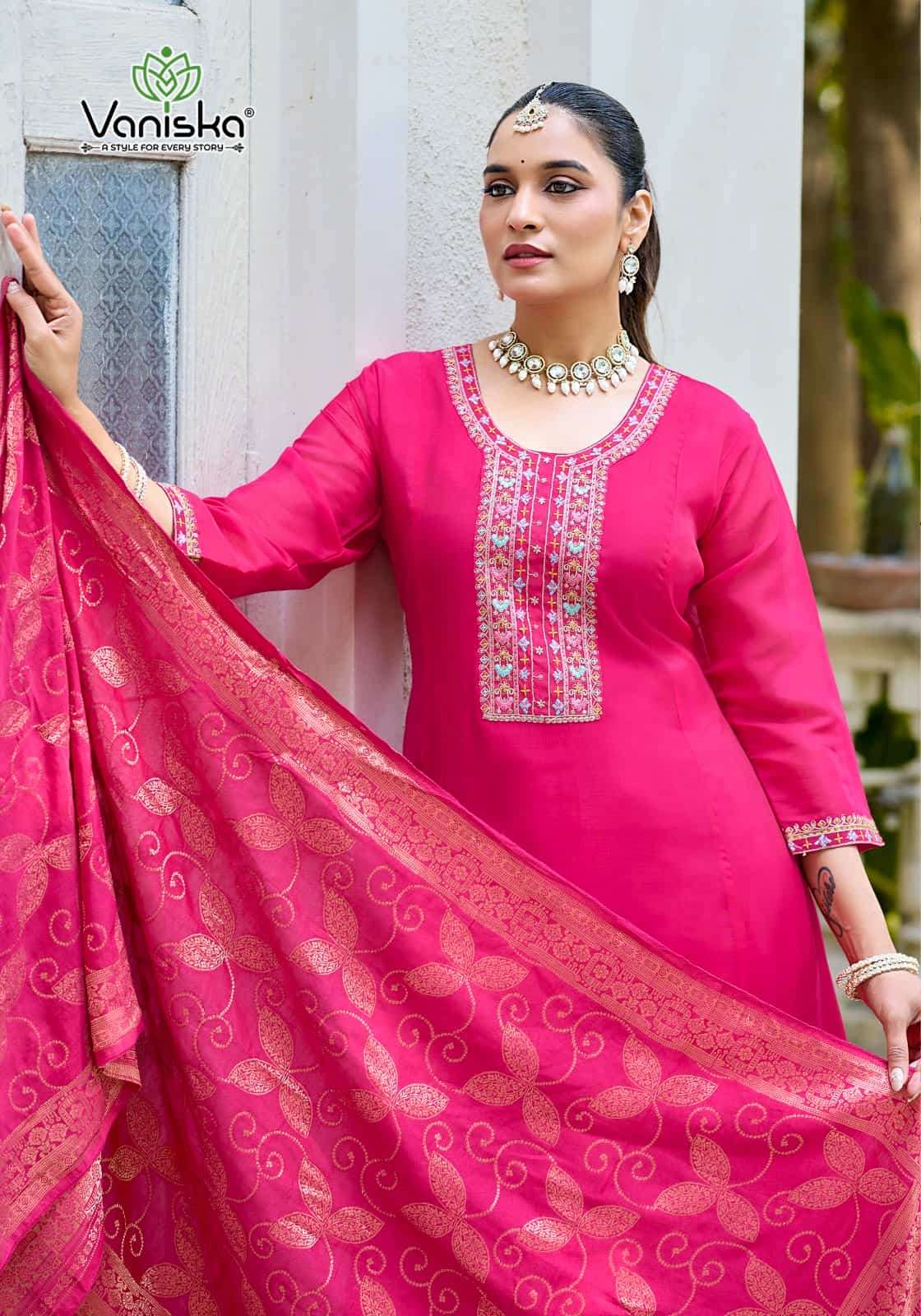 Vaniska Anarkali Vol 1 Mal Chanderi Kurti Pant Dupatta Set - Amrah Wholesale