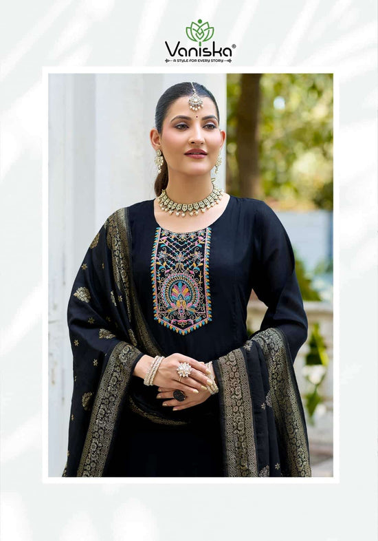 Vaniska Anarkali Vol 1 Mal Chanderi Kurti Pant Dupatta Set - Amrah Wholesale